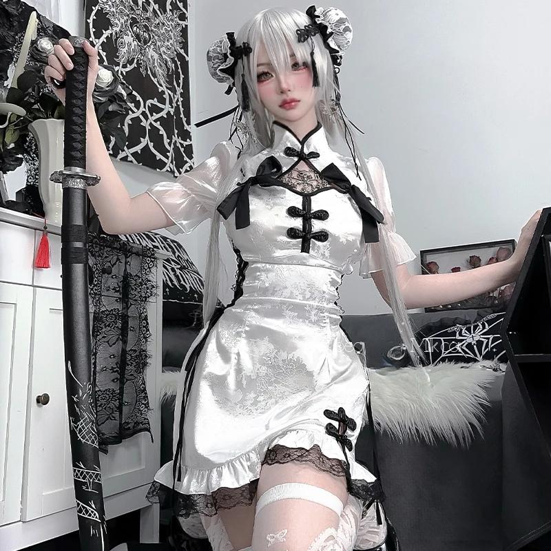 Chinese Cheongsam Dress Anime Cosplay Costumes Sleepwear Dress Women Lace Outfit Fancy Slim Fit Open Chest Uniform Sexy Qipao