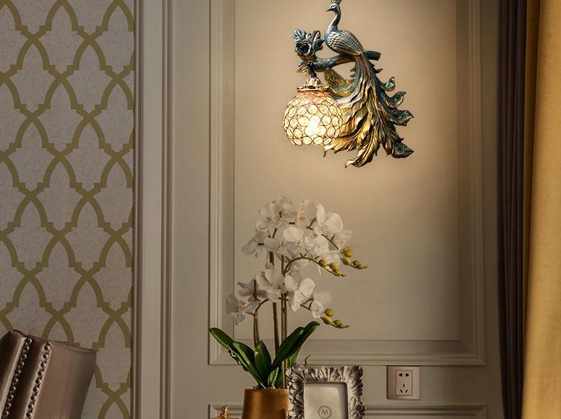 Retro European-Style Peacock Wall Lamp for Living Room or Bedroom Decor