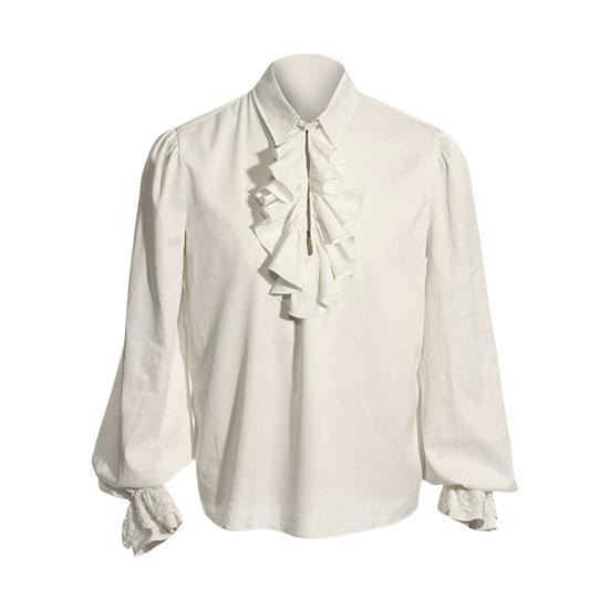 Men Performance Shirt Ruffle Turn-down Collar Long Sleeves Solid Color Lantern Sleeves