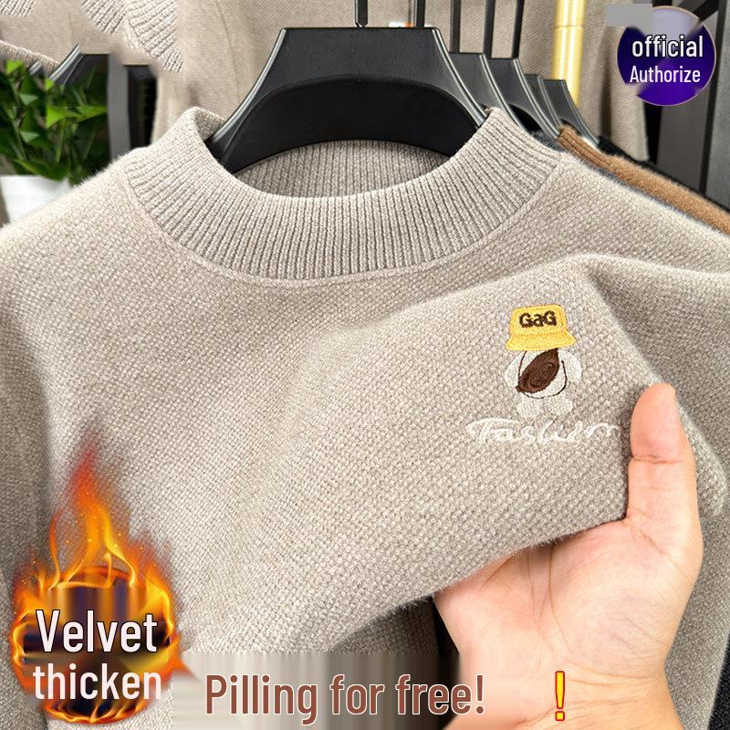 Men's Anti-Pilling Sweater with Fleece, Half-High Collar, New Embroidery, and Warm Knit Base Layer