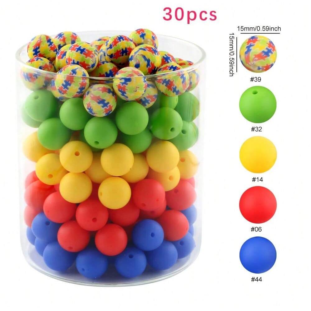 

30PCS of 15mm silicone beads, printed beads and multi-color round beads combination, suitable for DIY, bracelets, pens, etc
