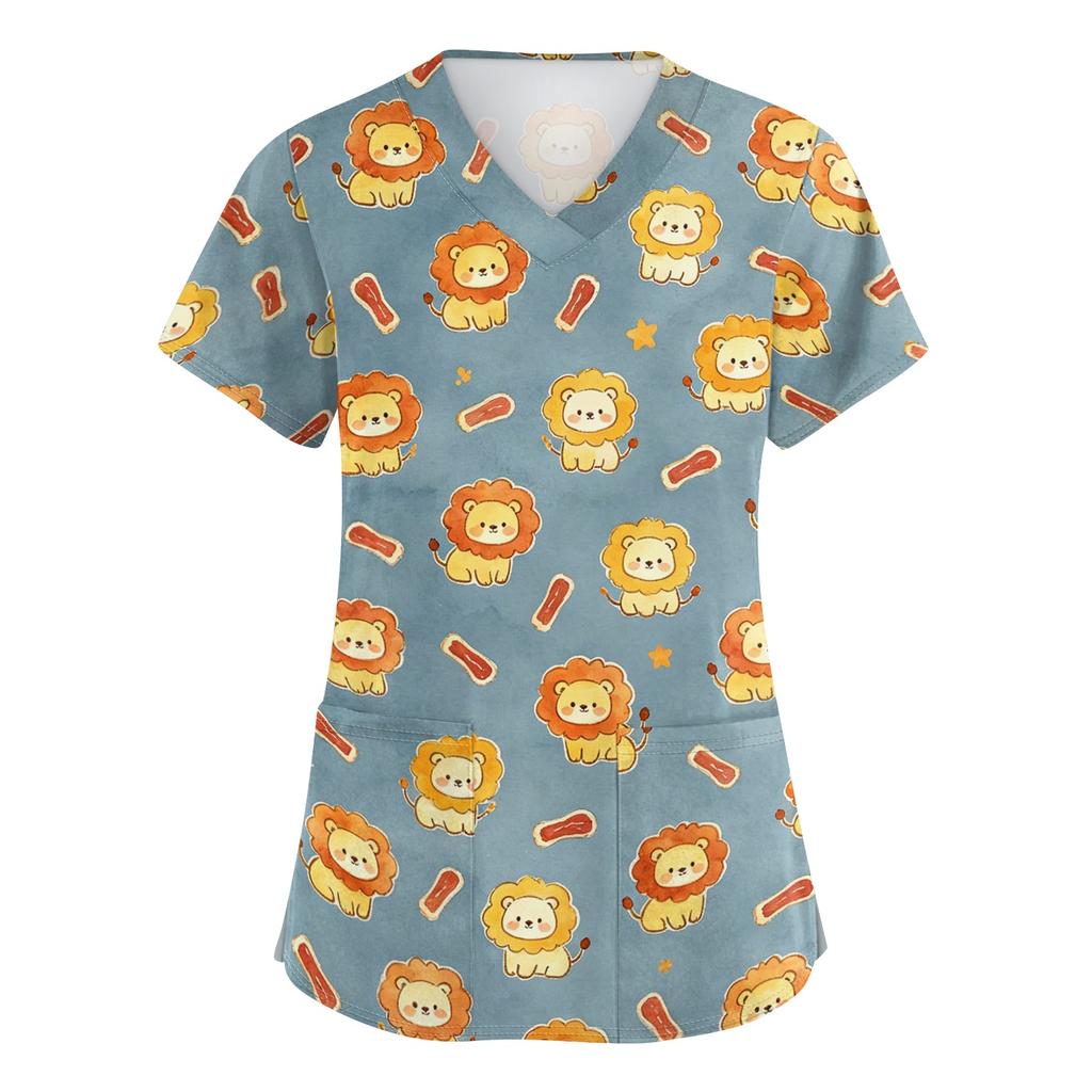 Damen V-Ausschnitt Kurzarm Arbeitshemd mit Taschen Tierprint Oberteil Medizinische Scrub Uniform für Gesundheitsberufe Bequeme Passform