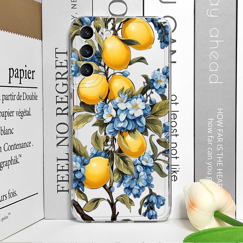 Blue Leaf Yellow Lemon Fresh Printed Clear Phone Case for Samsung Galaxy S26 S25 Ultra S24 S23 S22 Plus S21 FE S20 5G Soft Cover