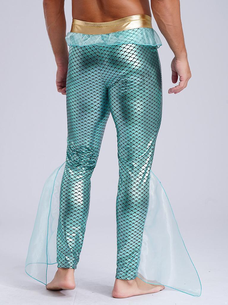 Men Mermaid Costume Fancy Dress Up Shiny Fish Scale Print Tights Leggings Swimming Trousers Halloween Carnival Party Cosplay