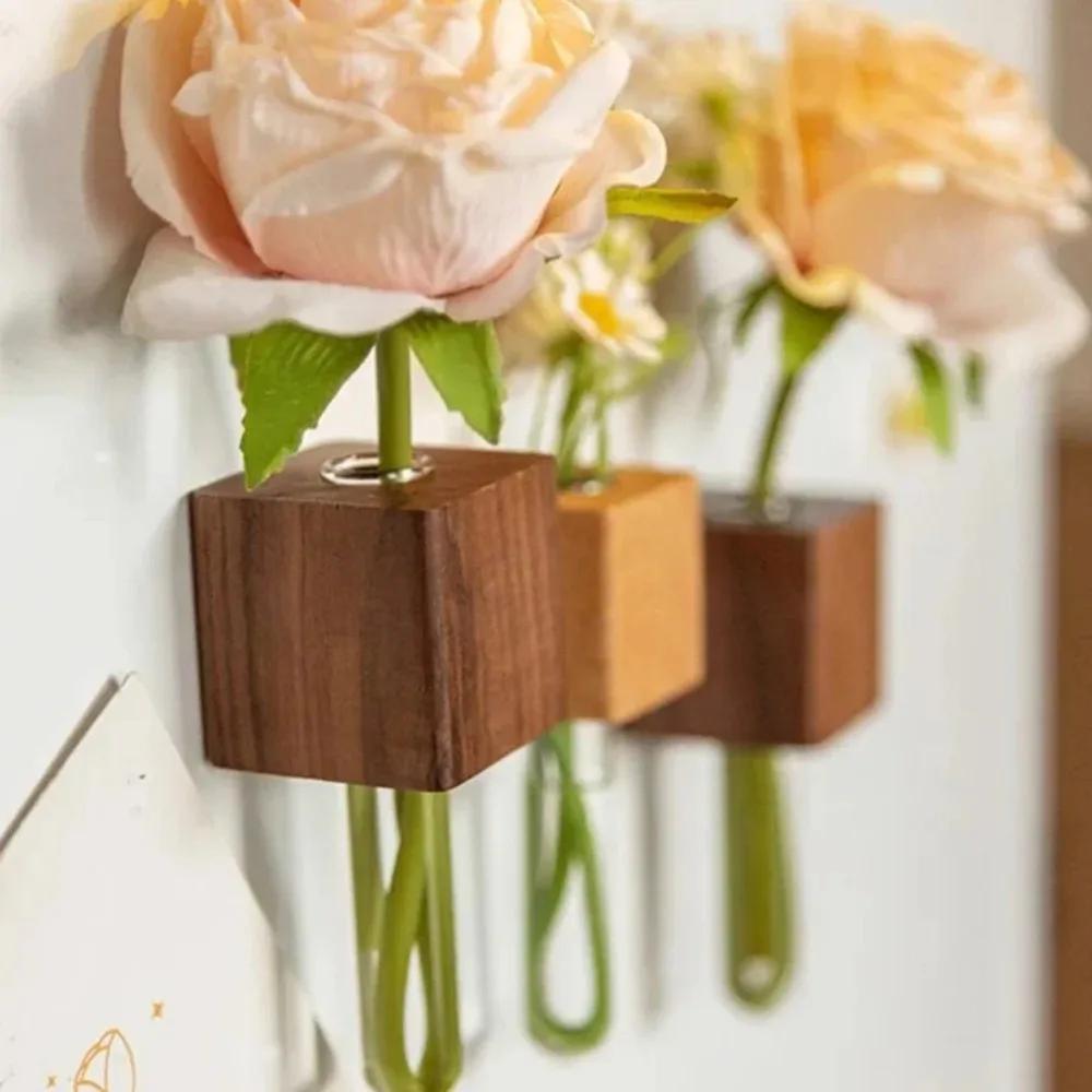 1 st Trä Magnetisk Provrörsvas Kylskåpsmagnet DIY Blomsterarrangemang Simuleringsblomma Vas Hem Kök Dekoration