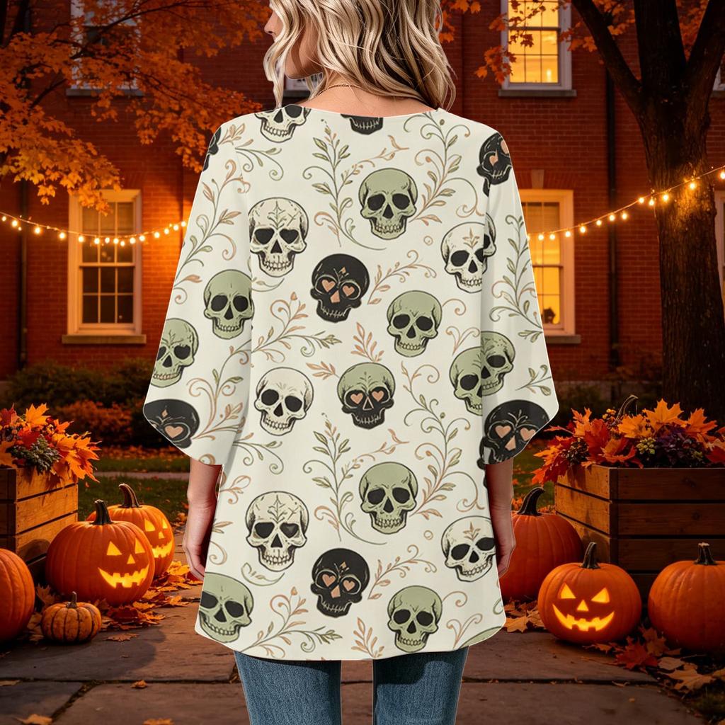 Women's Halloween Print Casual Loose Fit Three-Quarter Sleeve Round Neck Top