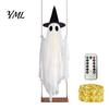 Dekoratives Gespenst für Veranda Leuchtende Halloween Hängeschaukel mit Hexenhut, Fernbedienung Einstellbare Gruselige Ornamente Helligkeit,