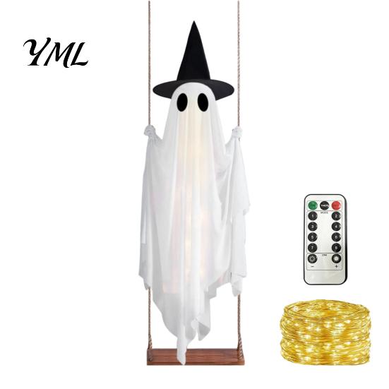 Dekoratives Gespenst für Veranda Leuchtende Halloween Hängeschaukel mit Hexenhut, Fernbedienung Einstellbare Gruselige Ornamente Helligkeit,