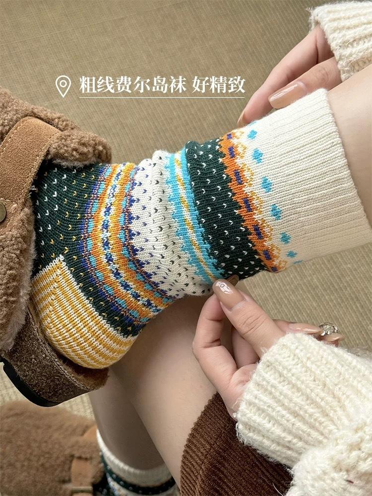 American Light Luxury Retro Ethnic Style Thick Line Kaji Street Style Couple Medium Tube Stacking Socks Children