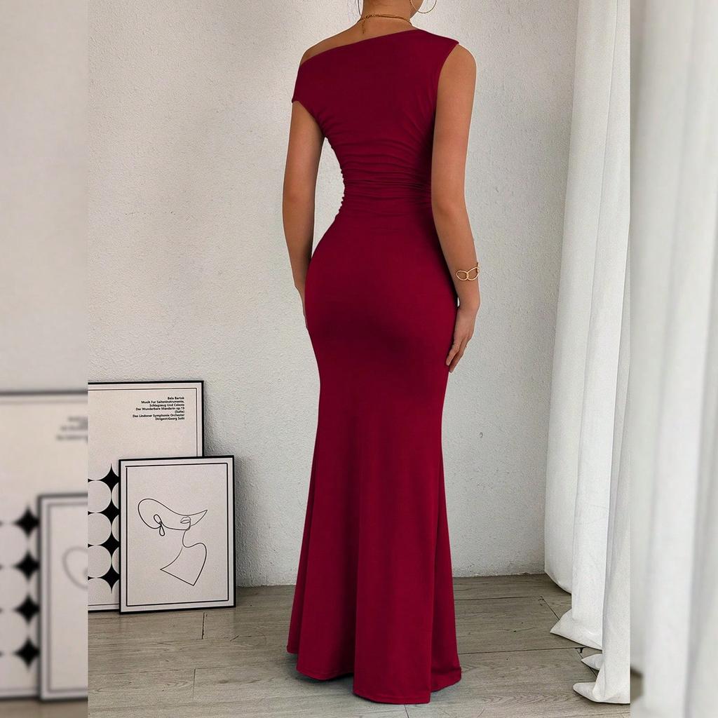 2026 European and American Cross-border Women's Mermaid Dress Bestseller: Sexy Sleeveless Dress with Asymmetrical Shoulder Neck and Waist Pleats