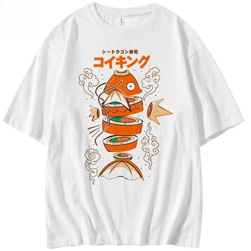 T-shirt a maniche corte in puro cotone stile giapponese Pokemon Carpa Re Magikarp Sushi Sashimi Ampia da uomo e da donna Top estivi