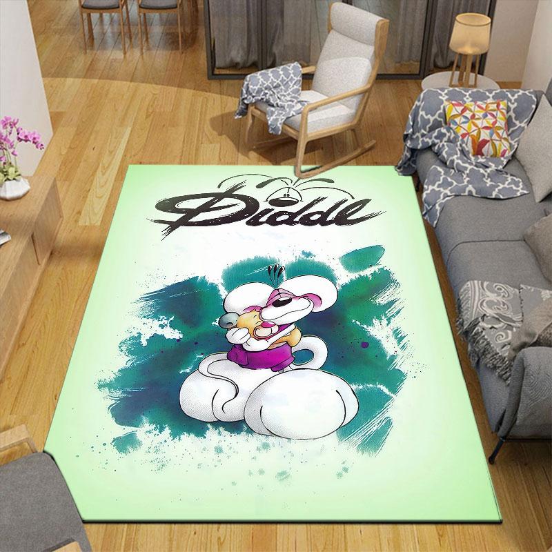 Diddl Flannel Printed Carpet, Home Sofa Decoration for Living Room & Bedroom, Non‑Slip Play Flannel Floor Mat for Game Room