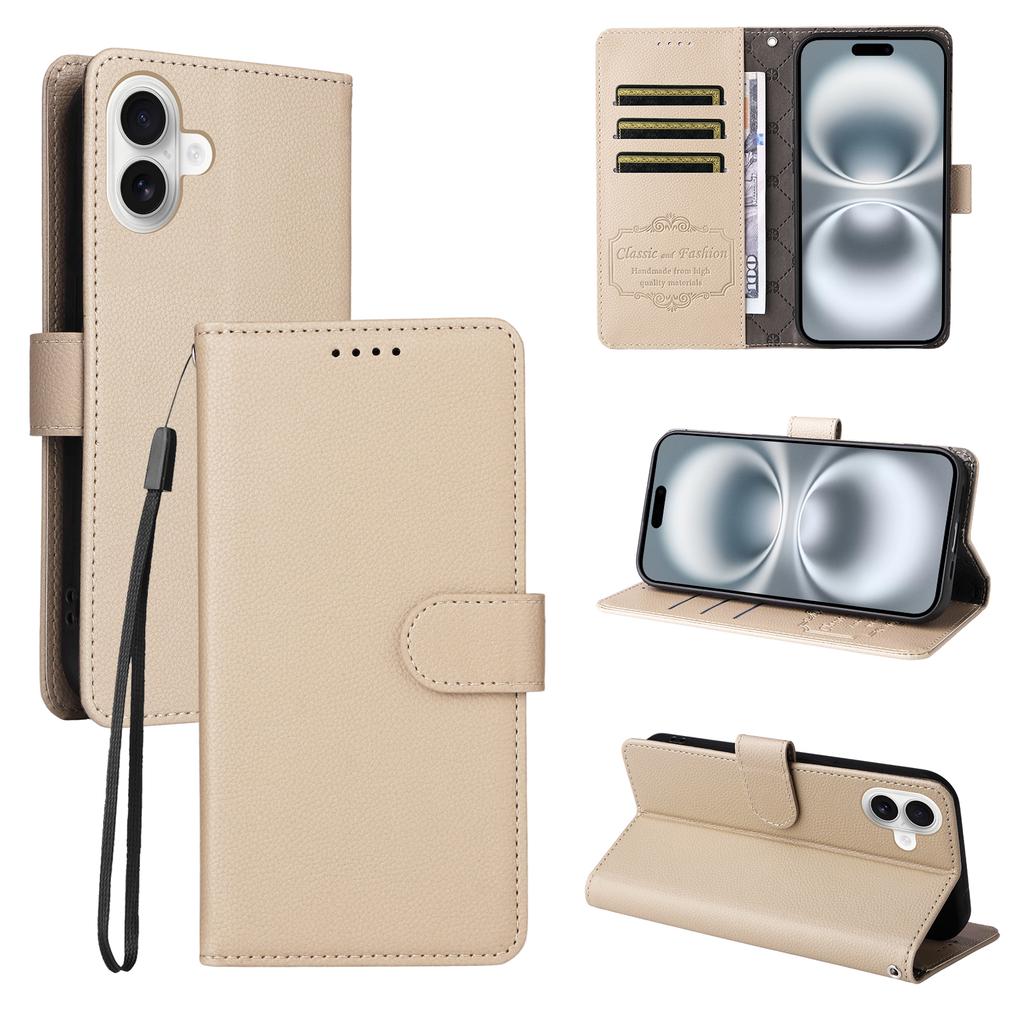 For iPhone 16 Case RFID Blocking 3 Card Slots PU Leather Phone Cover with Wrist Strap