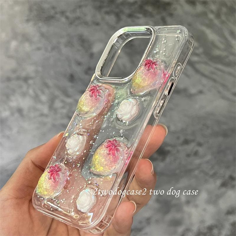Gradient Color Strawberry Three-dimensional Flower Phone Case for IPhone16promax Glitter Powder for Apple 17 Sequin Transparent