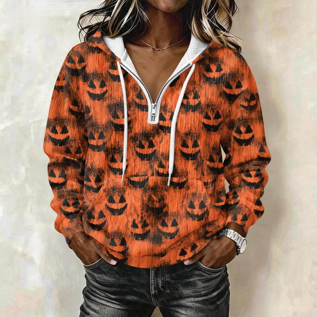 Women's Halloween Printed Long Sleeve Hoodie Drawstring Pullover Sweatshirt