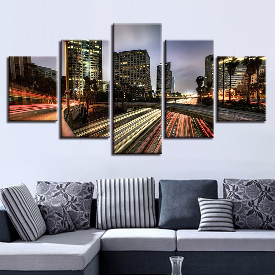 5 Panel City Building Night View Canvas HD Printed Modern Living Room  Painting Wall Art Modular Poster Home Decor Pictures