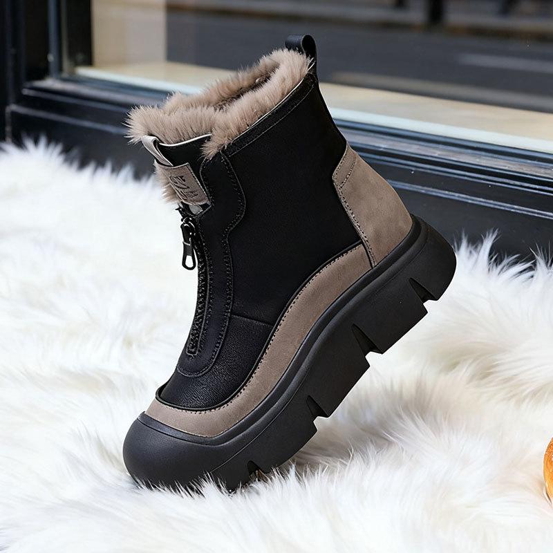 Women's Retro Zipper Fashion Lightweight Soft Sole Winter Warm Plush Snow Boots Lined with Fleece Non-slip Casual Sports Cotton Boots