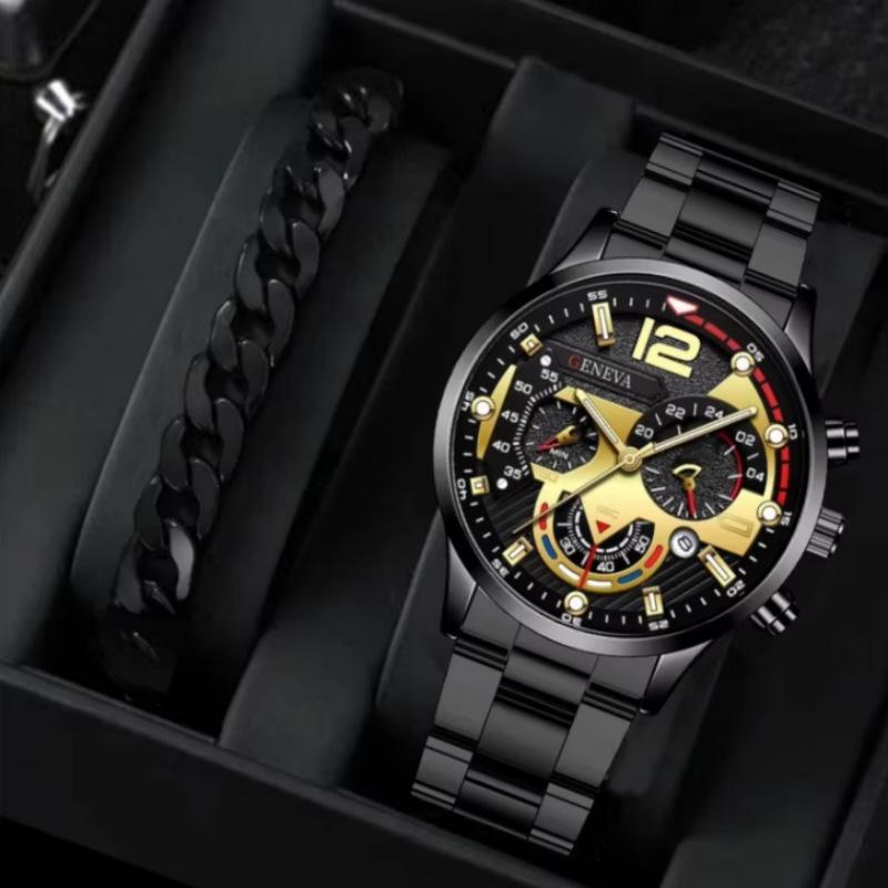Geneva Men's Steel Band Fashion Calendar Wristwatch - Bestseller Personalized Business Set