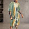 Men Plus Size Dark Blue Printed Round Neck Short Sleeve Top And Shorts Two Piece Set