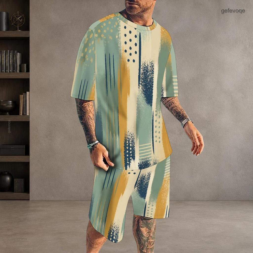 Men Plus Size Dark Blue Printed Round Neck Short Sleeve Top And Shorts Two Piece Set