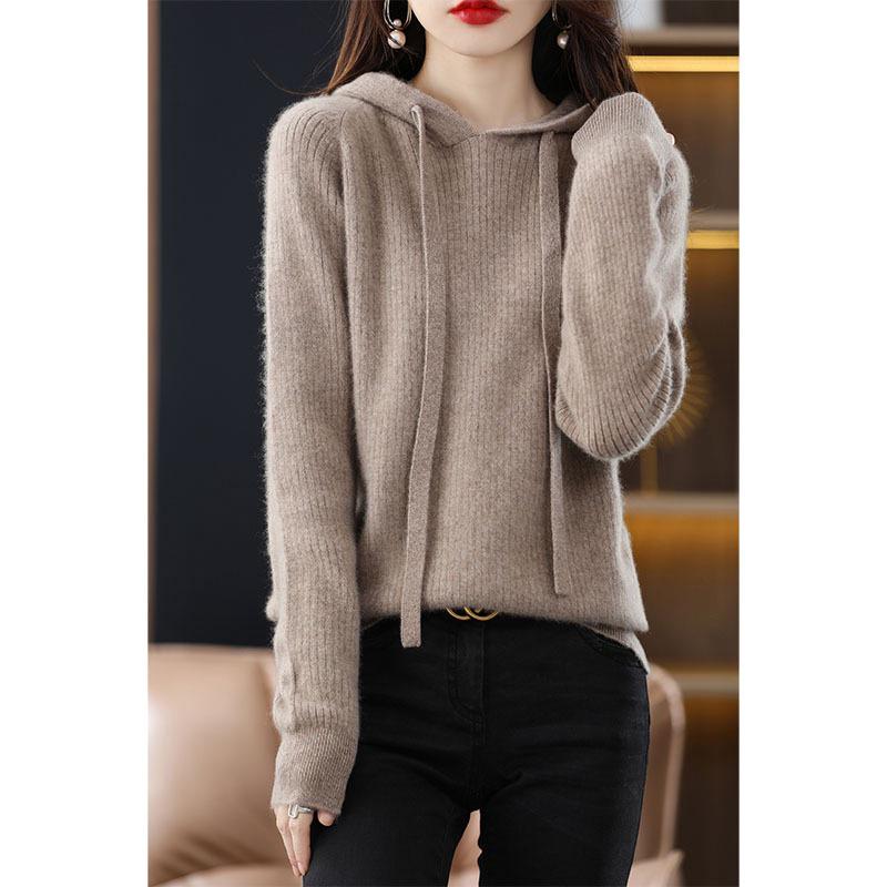 Women's 100% Cashmere Wool Hooded Sweater: Cozy Autumn/Winter Knitwear with Large Hood, Plus Size Options Available.