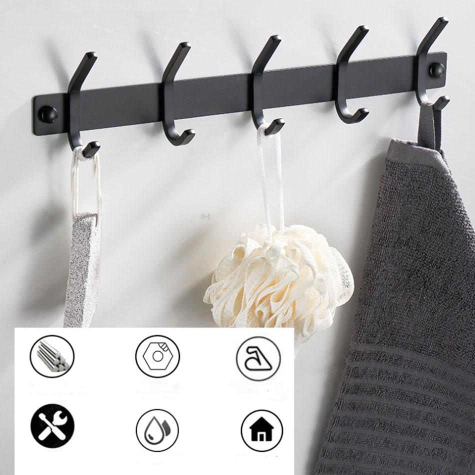 Wall Hook 304 Stainless Steel Black Gold Sliver Polished Creative Bathroom Kitchen Towel Hanging Clothes Key Holder Row 5 Hooks