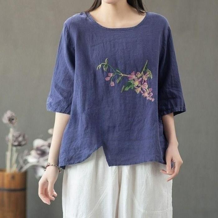 Cotton and Linen Blouse Women's Summer Plus Size Women's Chinese Ethnic Style Embroidery Literary Retro Season T-shirt Thin and Loose
