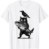 Black Animals Funny Cat with Crow Catches Fish Japanese Art T-Shirt