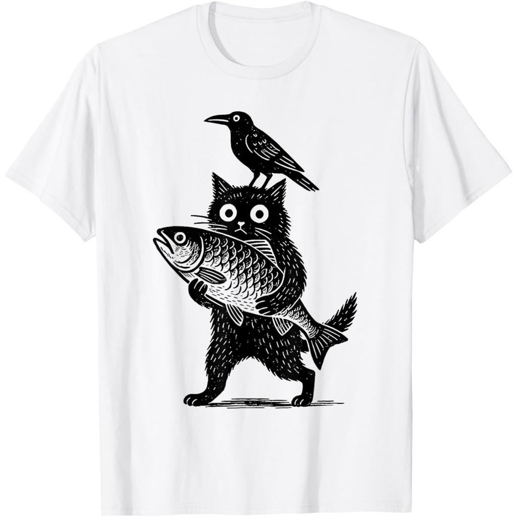 Black Animals Funny Cat with Crow Catches Fish Japanese Art T-Shirt
