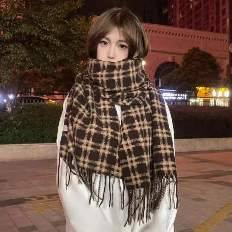 Plaid Scarf Women's Autumn and Winter New Dry Rose Pink Atmosphere Sense Advanced Sense Versatile Thickened Scarf