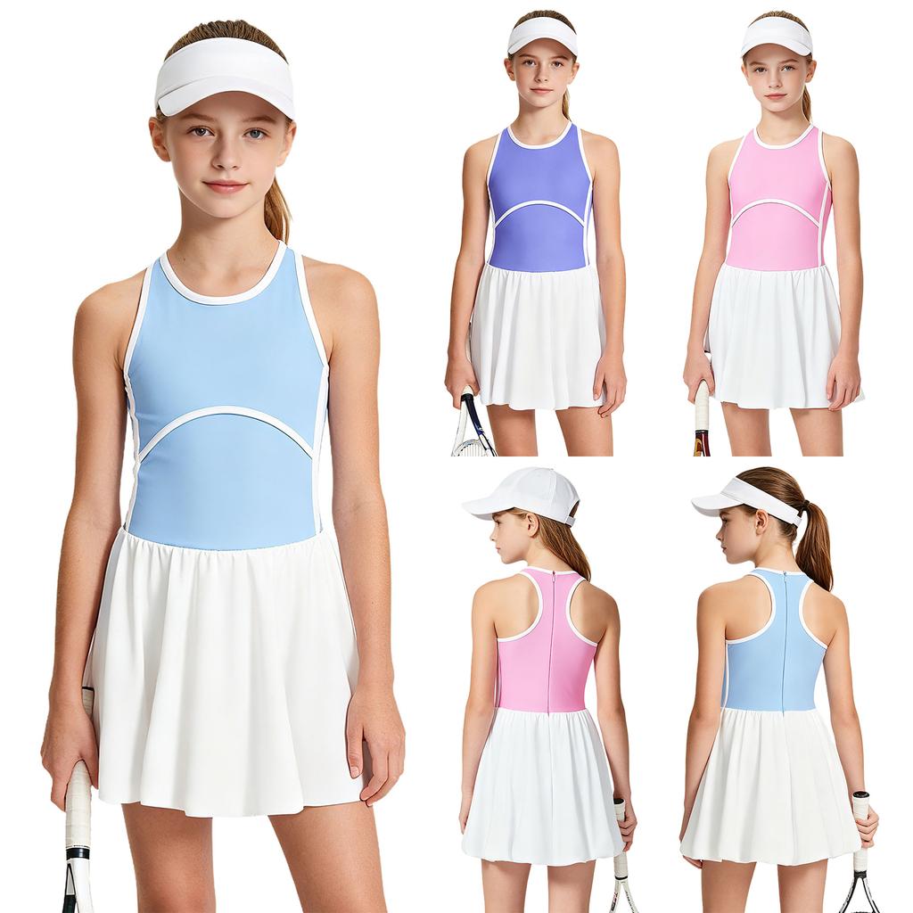 Vestido Bolha Sem Mangas Color Block para Tênis Feminino Esportivo de Golfe Casual Vestido de Sol com Shorts Embutido