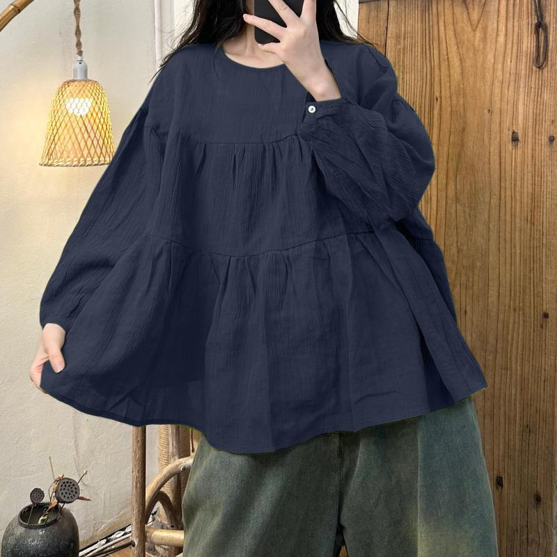 

ZANZEA Женская повседневная блузка с круглым вырезом и длинным рукавом M темно-синий