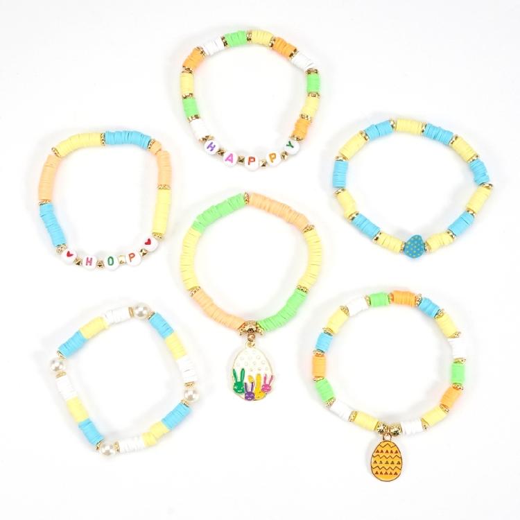 Easter Theme Polymer Clay Bead Bracelet Set of 6 Unique Designs Ornament for Holiday Celebrations and Daily Wear