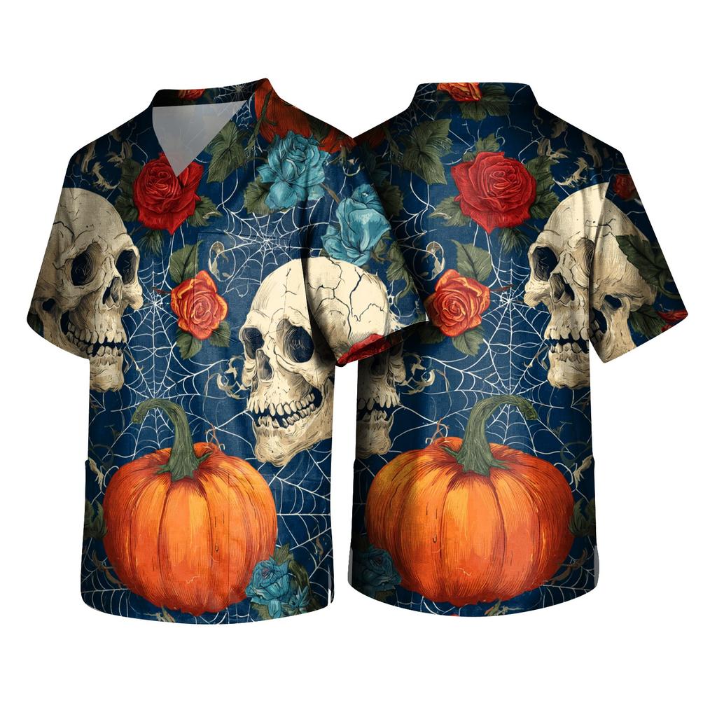 Men's Halloween Print V Neck Pocket Scrub Top Short Sleeve Work Shirt with Themed Pattern for Professionals Uniform