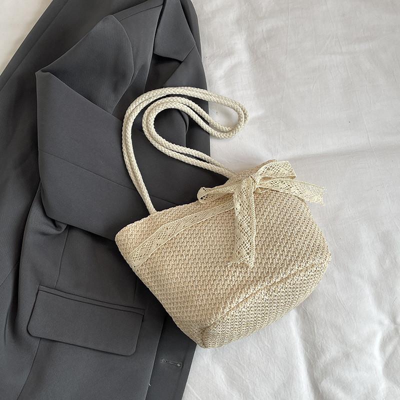 Chic White And Khaki Woven Shoulder Bag With Spacious Design For Everyday Outings