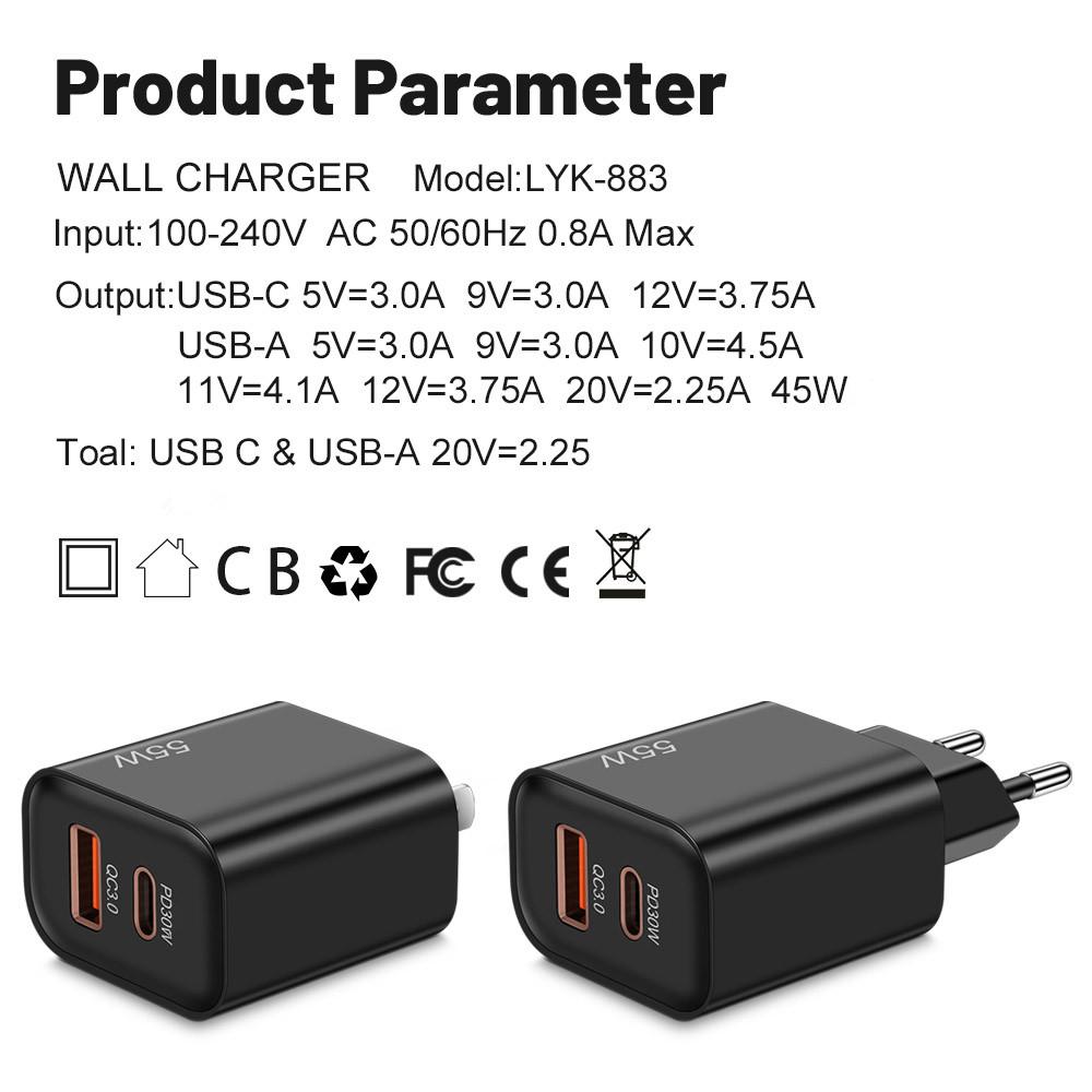 Total 55W USB C PD 30W Fast Charger for iPhone 15 14 13 Samsung  Mate60 Nova Xiaomi OPPO POCO Quick Charging Power Adapter