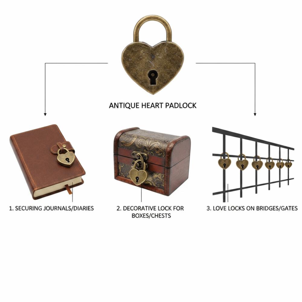 2sets Antique Style Heart Shaped Padlocks Bronze Finish Metal Padlock Set For Craft Supplies