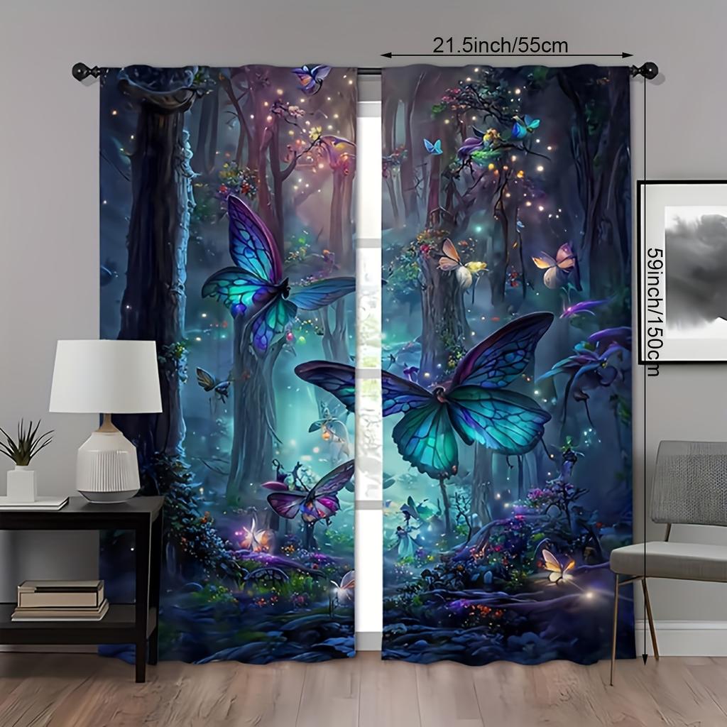 Lebendiges Blau 2 Stück Schmetterlingswald Vorhänge - Strapazierfähiges Polyester   Digitaldruck   Stangentaschen-Design - Lichtecht   Ideal für Li
