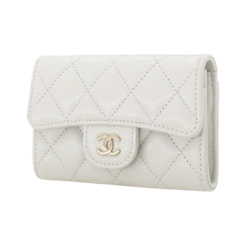 CHANEL 24S Vertical Gold Label Double C Logo Quilted Pattern Shiny Grain Calfskin with Gold Metal Card Bag Women's Light Grey