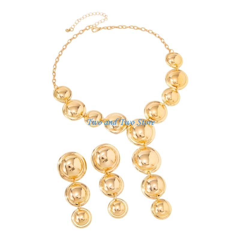 HX6F Comfortable Geometric Necklace and Earrings Set Featuring Round Design Metal Texture Suitable for Extended Comfort