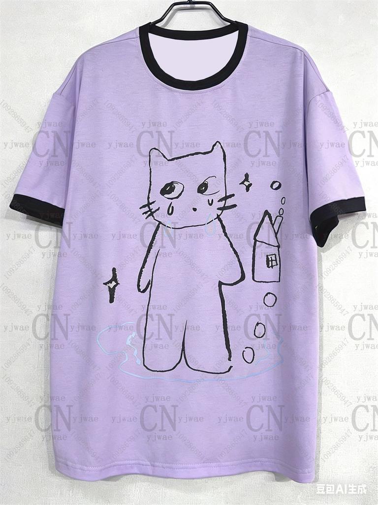 2026 Damen Y2k Retro Koreanische Mode T-Shirt Schnitt Katze Grafik Kurzärmelig Modisch Streetwear Sommer Herren Damen T-Shirts
