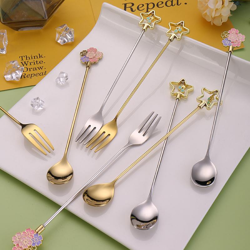 Handle Spoon Five-Pointed Star Gold-Plated Dessert Coffee Tea Long Handle Kitchen Supplies Mixing Spoon Set Heart-Shaped Pendant
