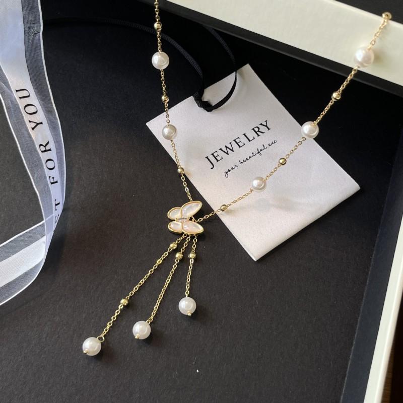 Elegant Butterfly Pendant Necklace With Freshwater Pearl Shell Tassel Lightweight Layered Locket Chain Women 2025