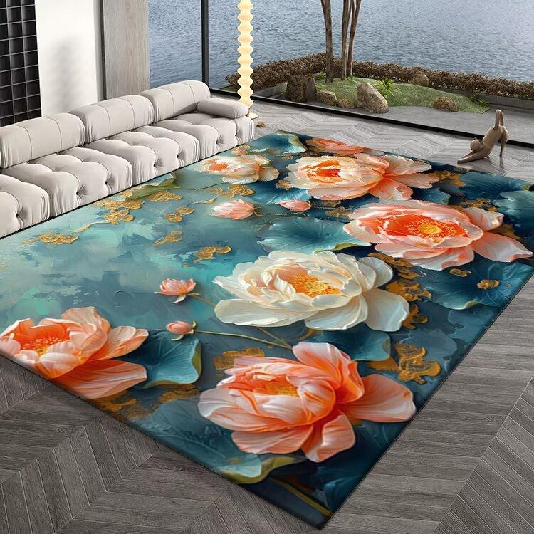 Elegant Fine 3D Peony Floral Pattern Carpet Mat Blue Pink Gold Relief Rug for Living Room Bedroom Hotel Luxury Home Decoration