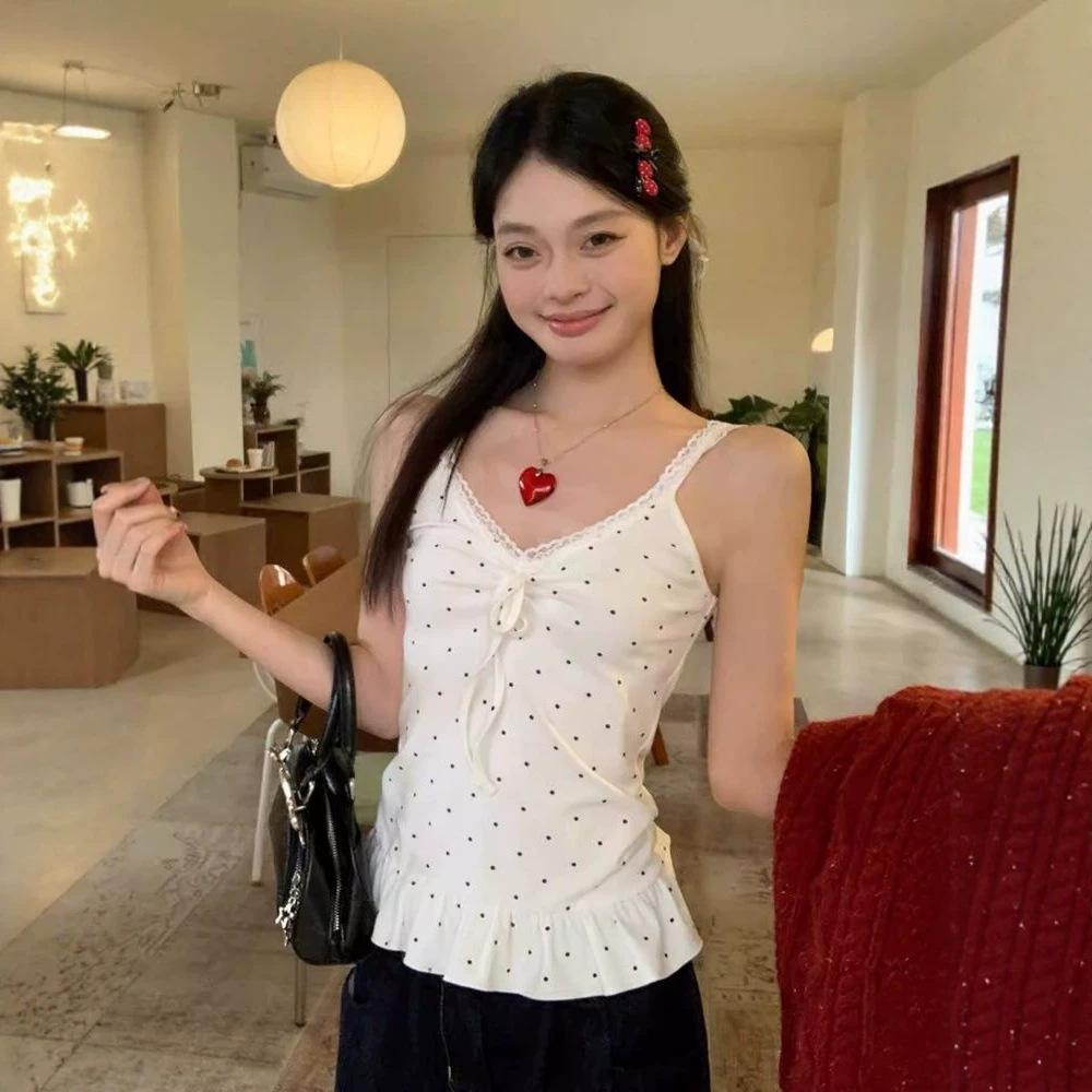 Korean White Sweet Polka Dot Ruffle Hem Sling Vest Women's Spring New Inner Sleeveless Stacked Top