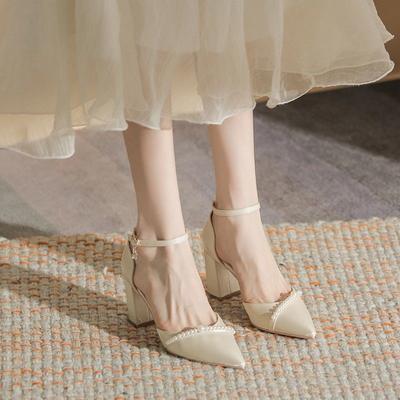 Apricot Thick Heel Pearl High Heels Women's Summer Small Design Sense Niche Pointed Hollow One-word Buckle Strap Single Shoes Women