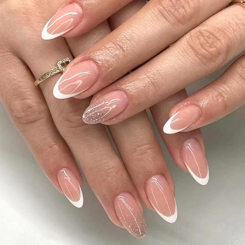 Black Yellow French Tip Press on Nails with Flower Design Long Almond Natural Glue on Nail Glossy Acrylic False Nails Reusable Artificial Stick on