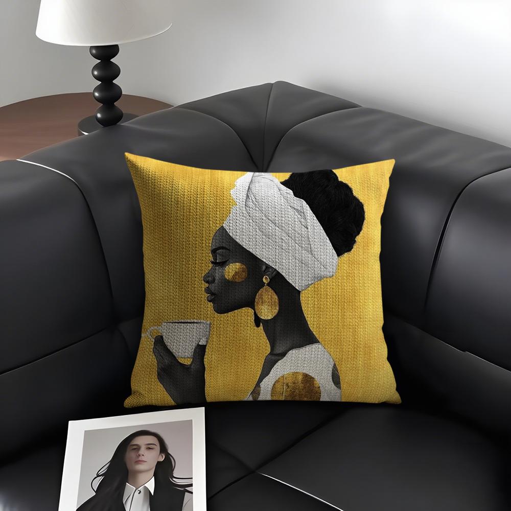 African Women Cushion Cover Natural Linen Organic Fabric Double-Sided Printing Sofa Home Decor Gift Pillow Case