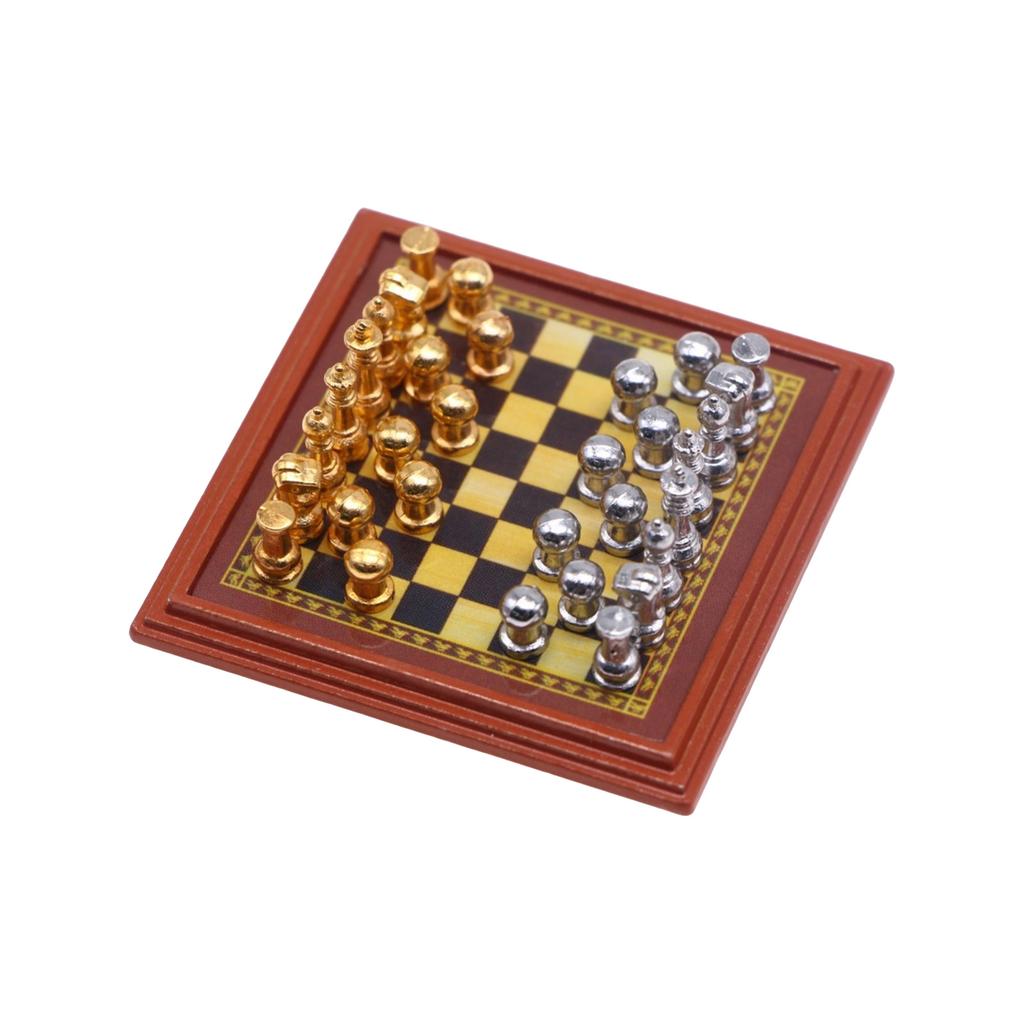 Miniature Chess Set For Dollhouse Accessories And Tabletop Display With Metal Board And Pieces