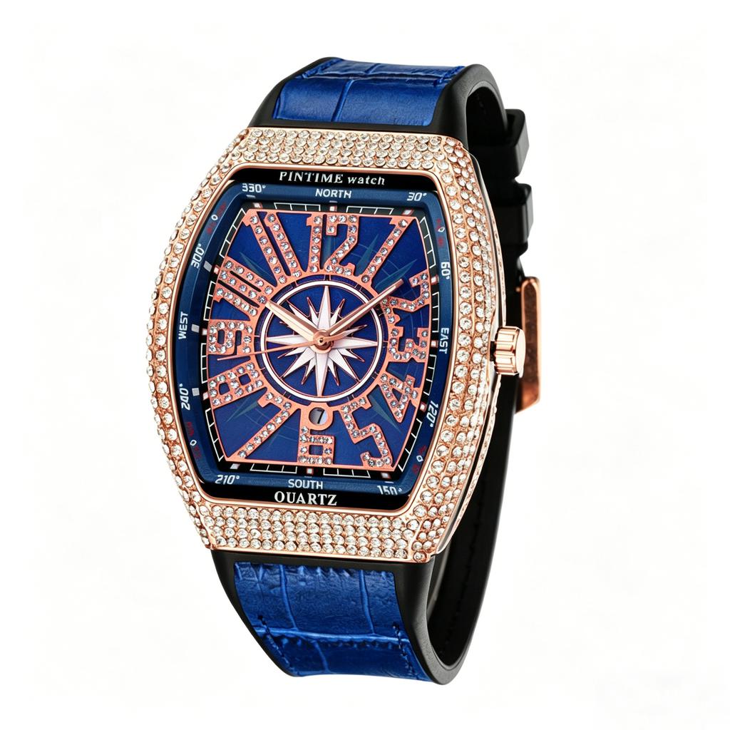 Men's Quartz Watch - Barrel-Shaped Starburst Silicone Strap Watch, Vintage Large Dial Quartz Watch with Boat Embellishments and